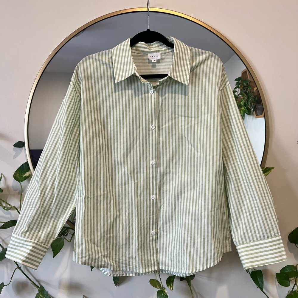 Women’s green and white striped button down shirt